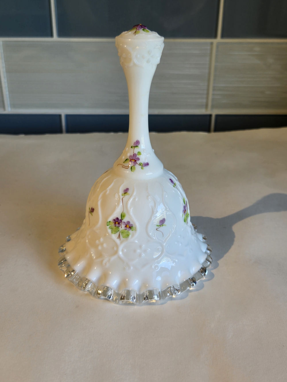 Fenton Violets In The Snow On Spanish Lace Silvercrest Bell